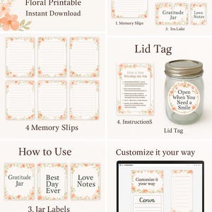 May include: A Memory Jar Kit with floral designs, including memory slips, jar labels, and instructions. The kit features a lid tag with the text "Open When You Need a Smile." It's a floral printable instant download.