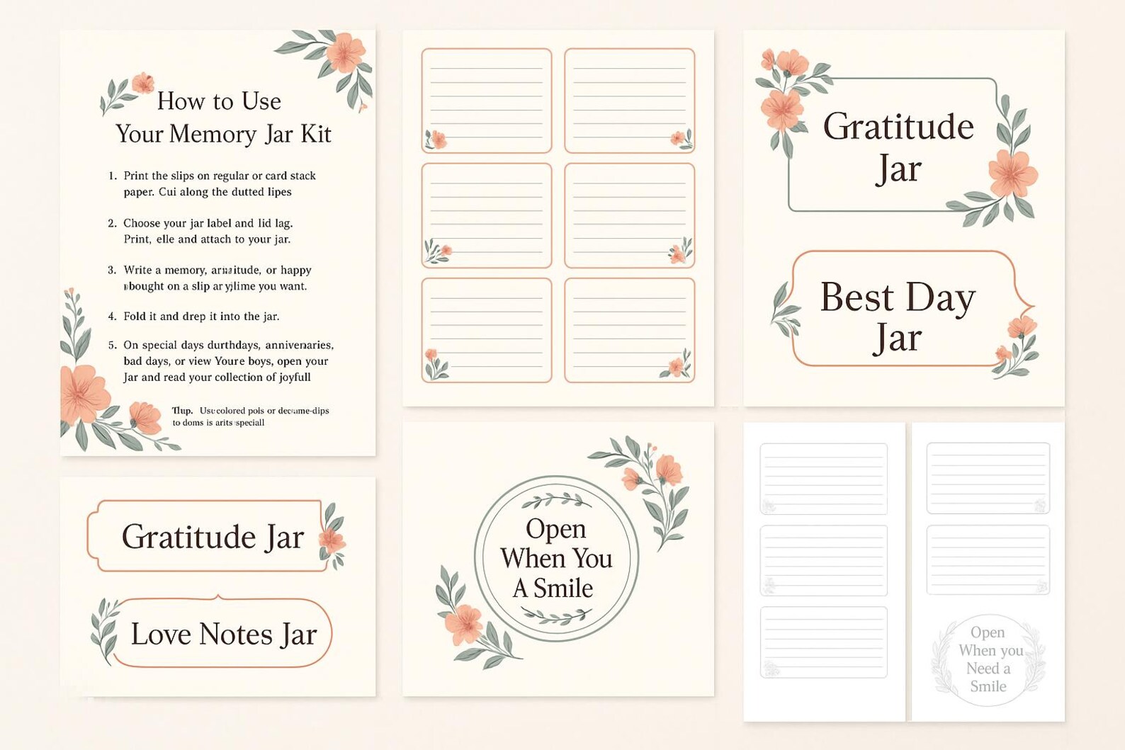 Memory Note Jar Printable Memory Jar Kit – Floral Edition | Instant Download - Etsy