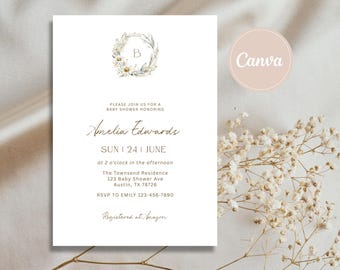 Invitación editable para baby shower, invitación floral, invitación de baby shower con flores silvestres, plantilla imprimible, descarga instantánea