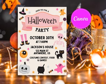May include: A Halloween party invitation with a light pink banner that reads "Halloween Party". The invitation includes Halloween-themed illustrations such as a black cat, a skeleton, and a ghost. The date is October 30th at 7:00 PM.