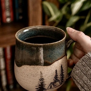 Handmade Pottery Mug, pine tree mug, camping, tent, Woodland Scene, nature, forest.
