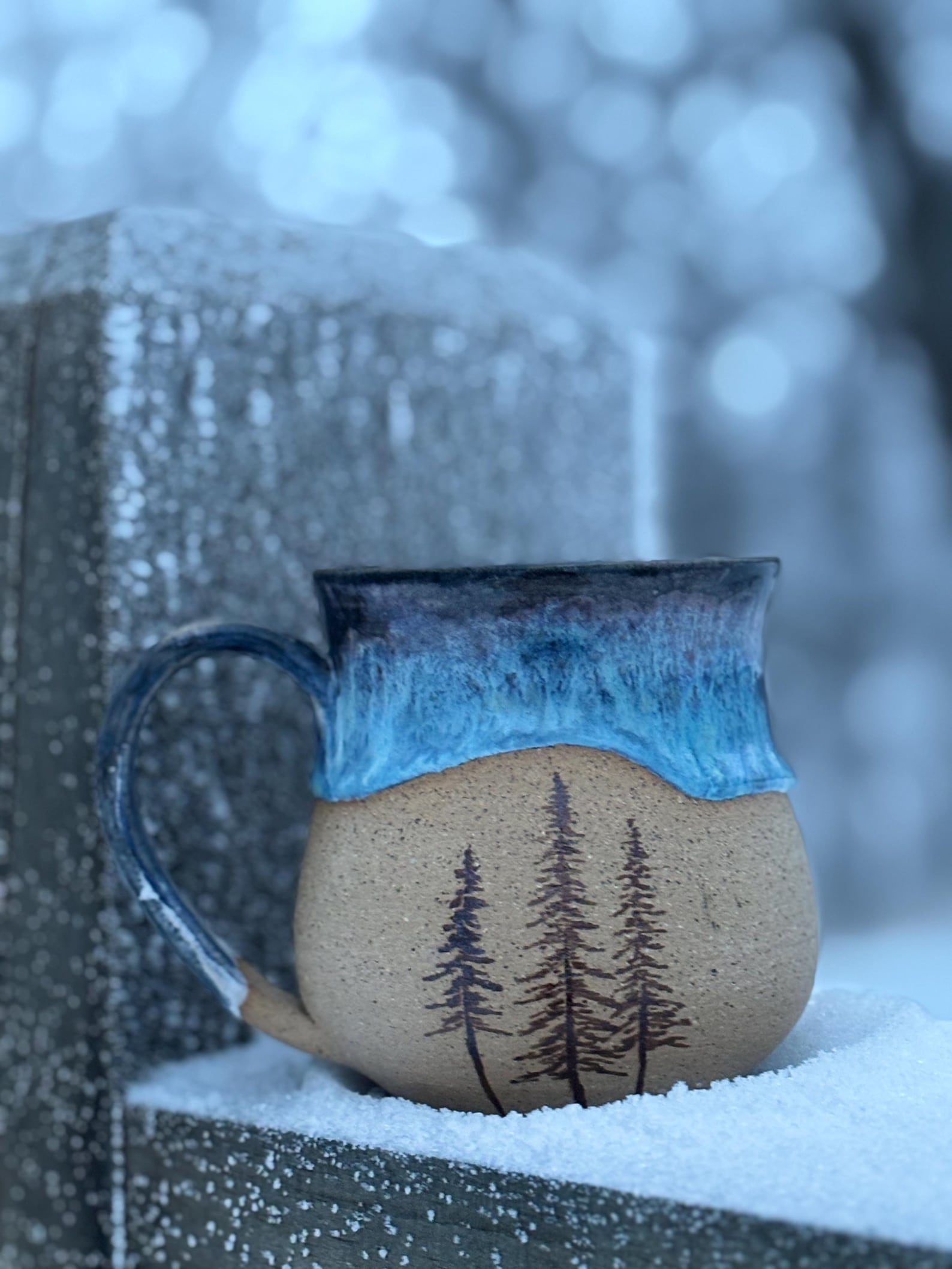 Handmade Pottery Mug, Blue Glazed Woodland Scene, Three Pine Trees