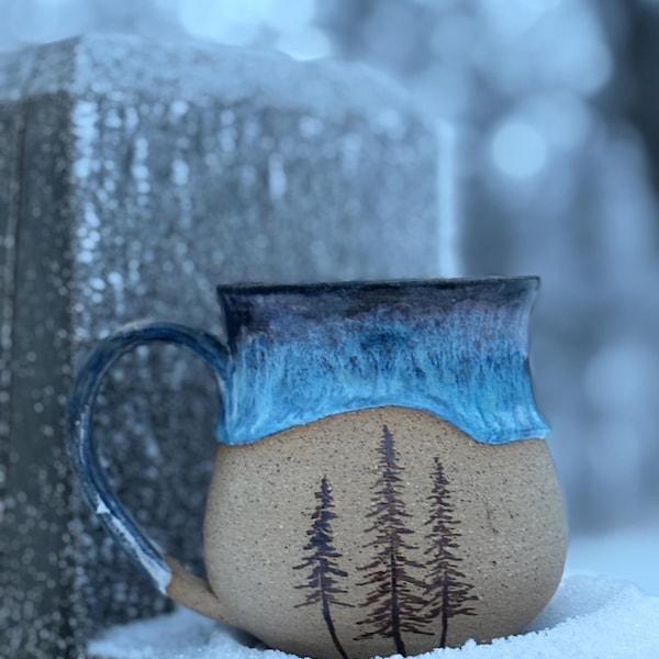 Handmade Pottery Mug, Blue Glazed Woodland Scene, Three Pine Trees