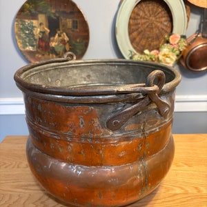 Antique Large Copper Cauldron with Wrought Iron Handles Aged