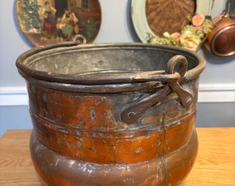Antique Large Copper Cauldron with Wrought Iron Handles Aged