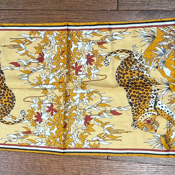 Mid Century Modern cheetah print, polyester, silky long rectangle scarf vintage 1960s, 70s