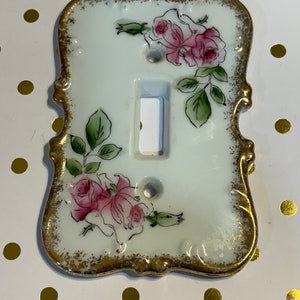 Porcelain Single Toggle Light Switch COVER PLATE W/ Pink Roses Gold Trim