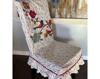 Pair Pier 1 Imports Parsons Chair Slipcovers Bird Floral Embroidered Ruffle 2PK