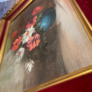 MId Century Modern vintage oil painting of still flowers framed flower painting velvet gold image 5