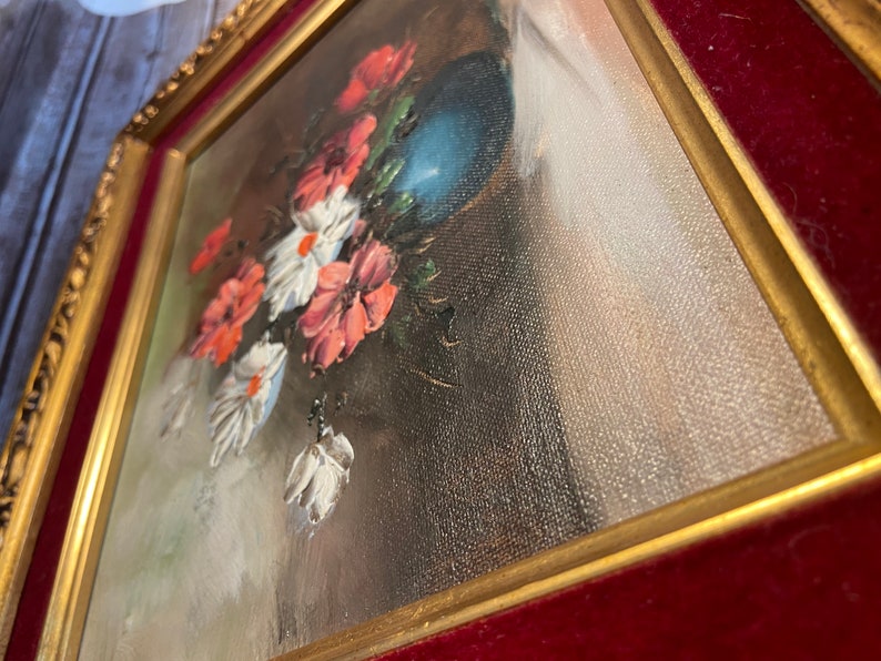 MId Century Modern vintage oil painting of still flowers framed flower painting velvet gold image 5