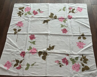 Mid Century Vintage Linen Tablecloth Pink Roses FLAWED