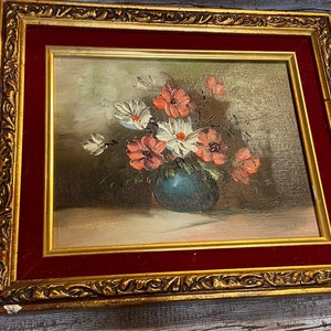 MId Century Modern vintage oil painting of still flowers framed flower painting velvet gold image 1