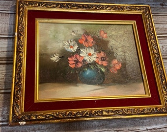 MId Century Modern vintage oil painting of still flowers framed flower painting velvet gold