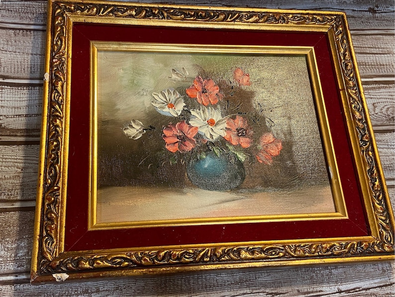 MId Century Modern vintage oil painting of still flowers framed flower painting velvet gold image 1
