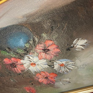 MId Century Modern vintage oil painting of still flowers framed flower painting velvet gold image 2