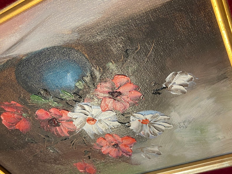 MId Century Modern vintage oil painting of still flowers framed flower painting velvet gold image 2