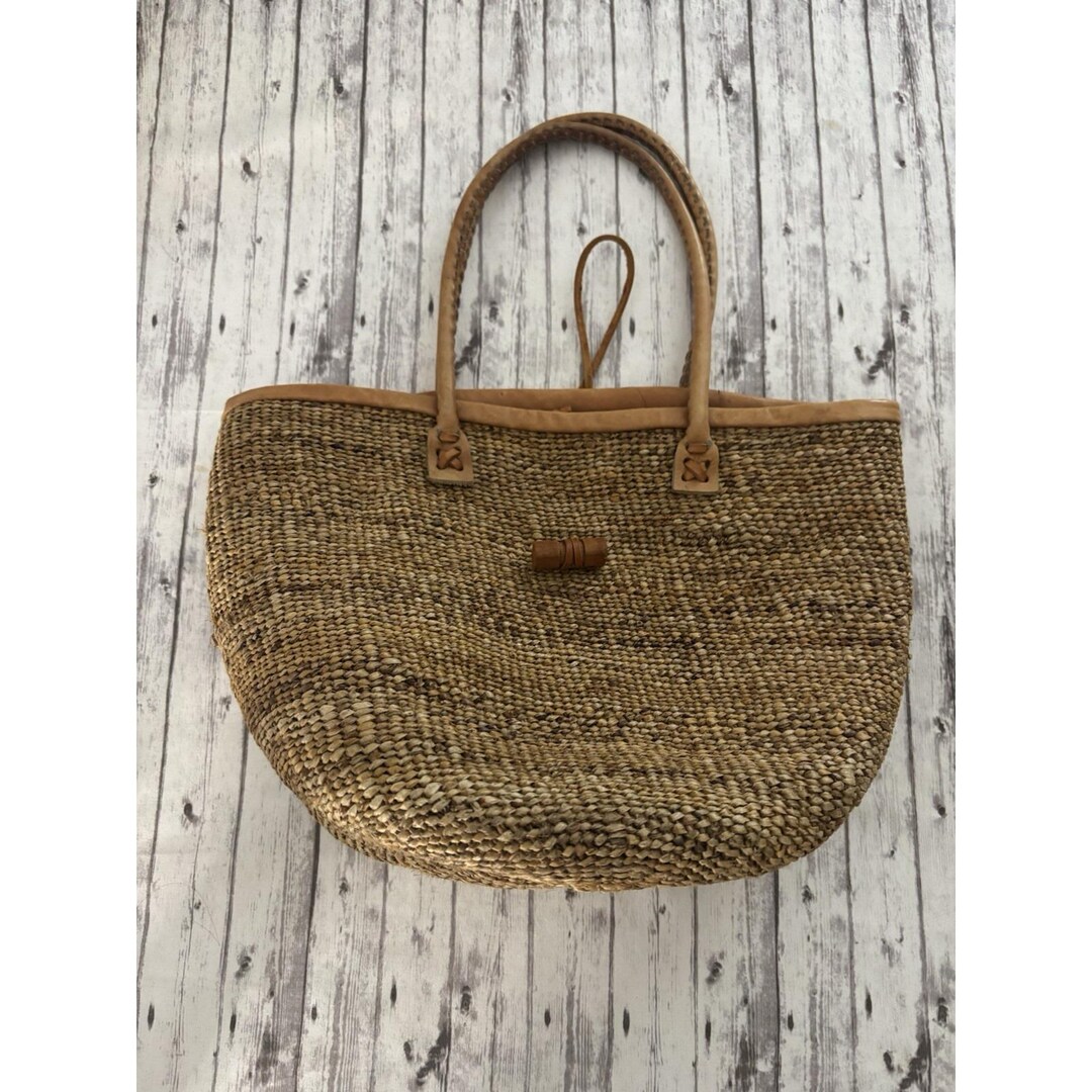 Vintage Woven Raffia Tote Bag Natural Boho 70s Brown Leather Handles - Etsy