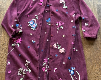 The Quaker Factory Vintage Floral Embroidered Linen Knit Cardigan Sweater 3X