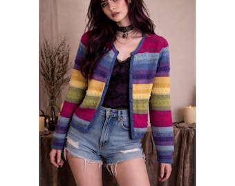 Cardigan da donna Talbots anni '90 a righe colorate con pon pon, taglia S