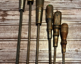 Lot of (6) Vintage Wooden Handled Flat Head Screwdriver Tools With Metal