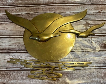 Vintage Wall Mounted Solid Brass Birds Flying Over Water + Sun - Attractive Aged Metal Patina - Mid Century Modern Metal Wall Decor