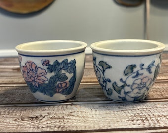 Chinoiserie Small flowers Hand Painted Succulent Set of (2) Planter Pots