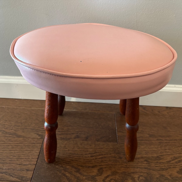 Small Vintage Wood Pink Faux Leather Foot Stool Ottoman