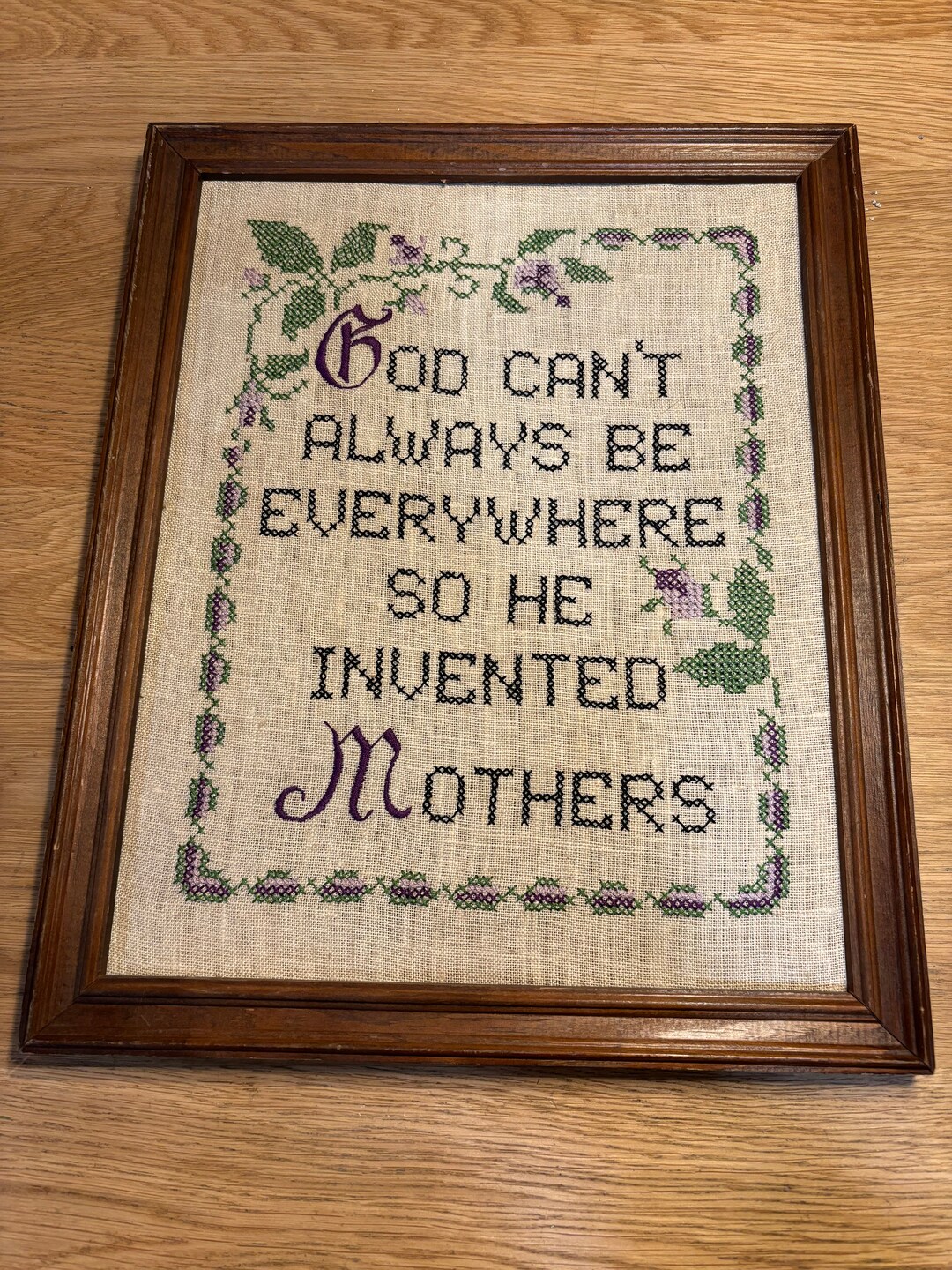 1980s God Invented Mothers Finished and Framed Stamped Cross Stitch