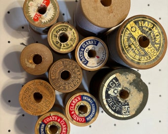 Lot of 11 Sewing Thread on Vintage Wood Spools Coats & Clarks USA Partially Full