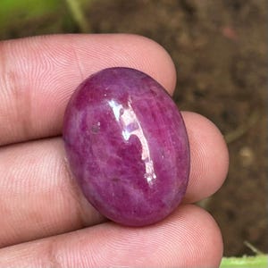 May include: A polished, oval-shaped ruby gemstone. The gem is a deep, saturated pinkish-red color with a glossy surface. The stone is held in a hand, showcasing its smooth, rounded form and natural variations.