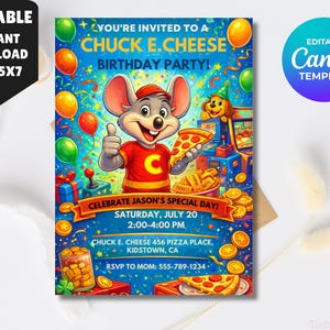 Puede incluir: Una colorida invitación a la fiesta de cumpleaños de Chuck E. Cheese. El diseño presenta a Chuck E. Cheese con pizza, globos y detalles de la fiesta. La invitación es una plantilla de Canva editable, tamaño 5x7.