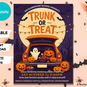May include: A Halloween-themed poster with the words "Trunk or Treat" in orange. The poster features an orange car with pumpkins, a ghost, and the text "Sat October 31 5:00 PM". The poster is 8.5 x 11 inches.