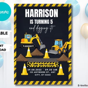 Construction Birthday Invitation: Dump Truck, Crane Party (Digital Printable 5” x 7”)