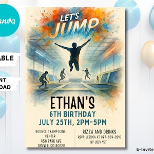 May include: A birthday invitation with a watercolor design. The invitation features the text "Let's Jump" and "Ethan's 6th Birthday". The invitation includes the date, time, and location of the party. The background has a watercolor image of people jumping.