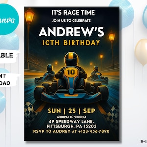 Go Kart Birthday Invitation: Racing Party, Editable Canva Template