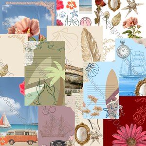 Op de afbeelding: Een collage van aquarel illustraties en digitale kunstelementen met een strandthema. Bevat afbeeldingen van bloemen, schelpen, een zeilboot, een vintage busje en een surfboard. Het kleurenpalet bevat blauw, roze en beige.
