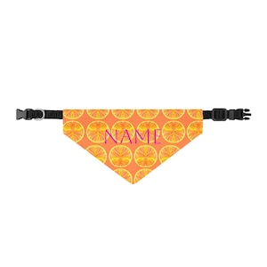 Può includere: Una bandana triangolare per animali domestici con sfondo arancione e un motivo ripetuto di fette di agrumi gialle e arancioni. La parola NAME è stampata in lettere maiuscole viola al centro. Include un cinturino nero regolabile e una fibbia.