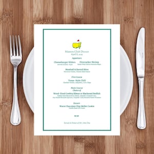 May include: A formal menu for the Masters Club Dinner, April 8, 2025, with a green border and the Masters logo. The menu includes appetizers, first course, main course choices, and dessert. A fork and knife are on either side of a white plate.