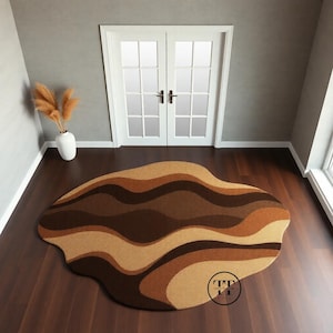 Wavy Abstract Hand Tufted Wool Rug Beige Brown Sculptural Area Rug