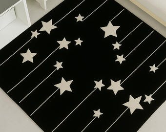 Black star hand tufted wool rug modern celestial nursery decor for kids room