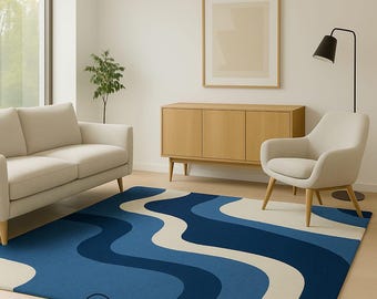 Hand tufted blue wave rug modern abstract new zealand wool rug for livingroom