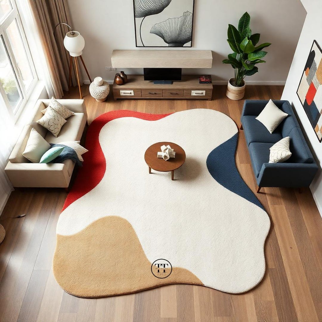 Beige Red Blue Hand Tufted Modern Abstract Wool Rug for Living Room ...