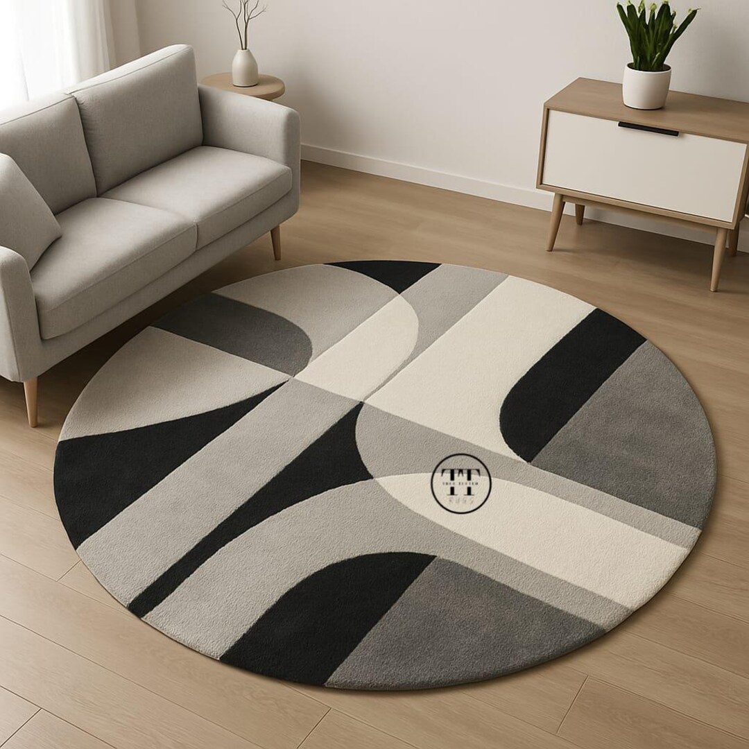 Modern Abstract Round Rug Hand Tufted Grey Black Cream Wool Rug for ...