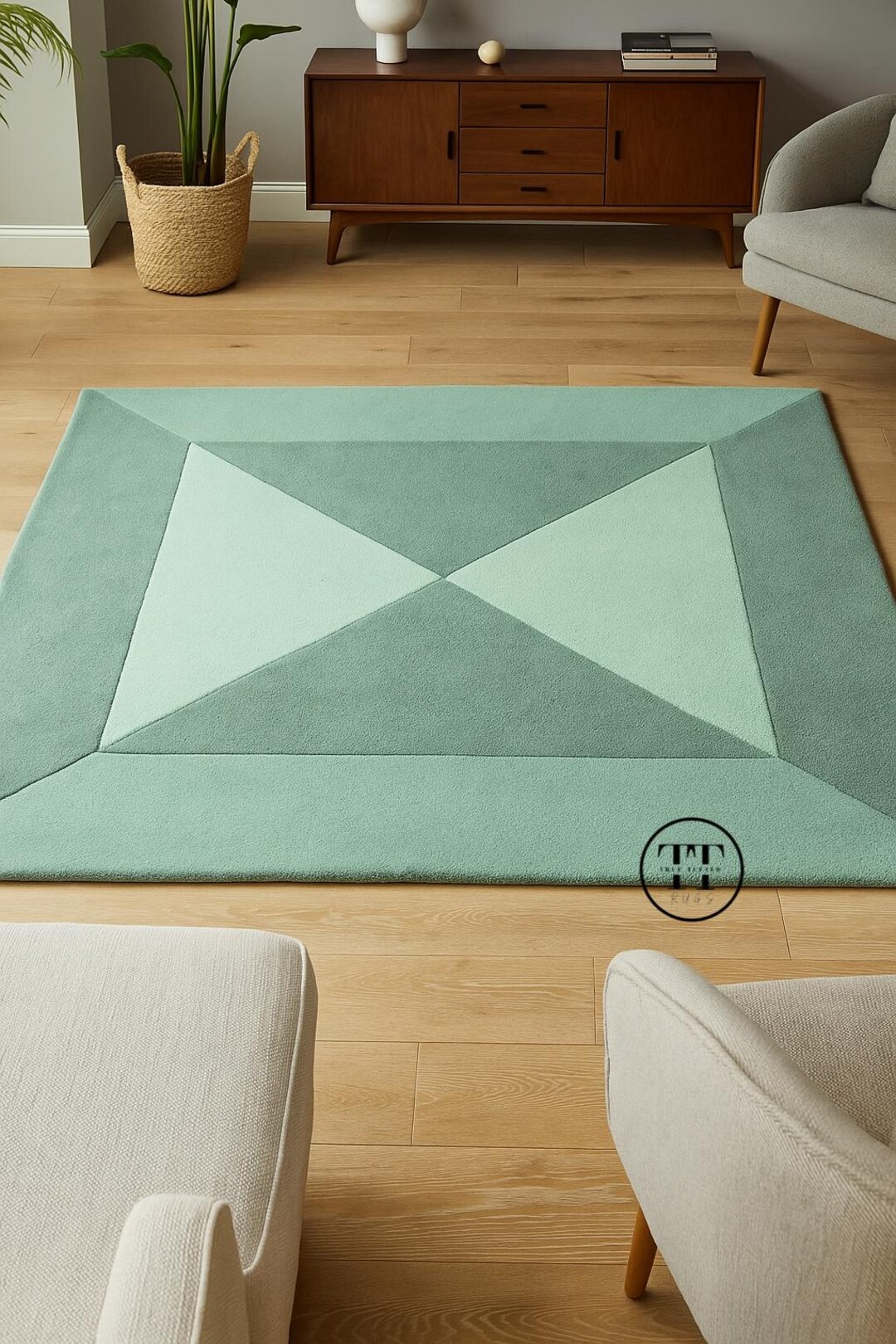 Hand Tufted Green Geometric Rug Modern New Zealand Wool Area Rug for ...