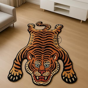 Hand tufted tiger shaped rug bold orange black cream wool rug for living room