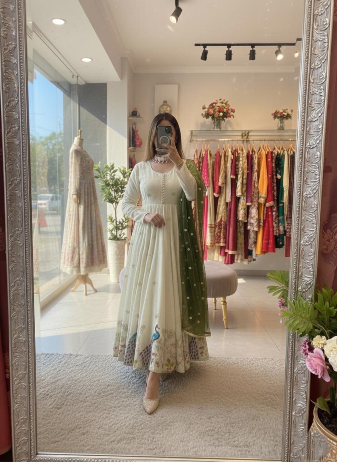 Latest Fully Flared Dola Silk Embroidery & Diamond Work Anarkali ...