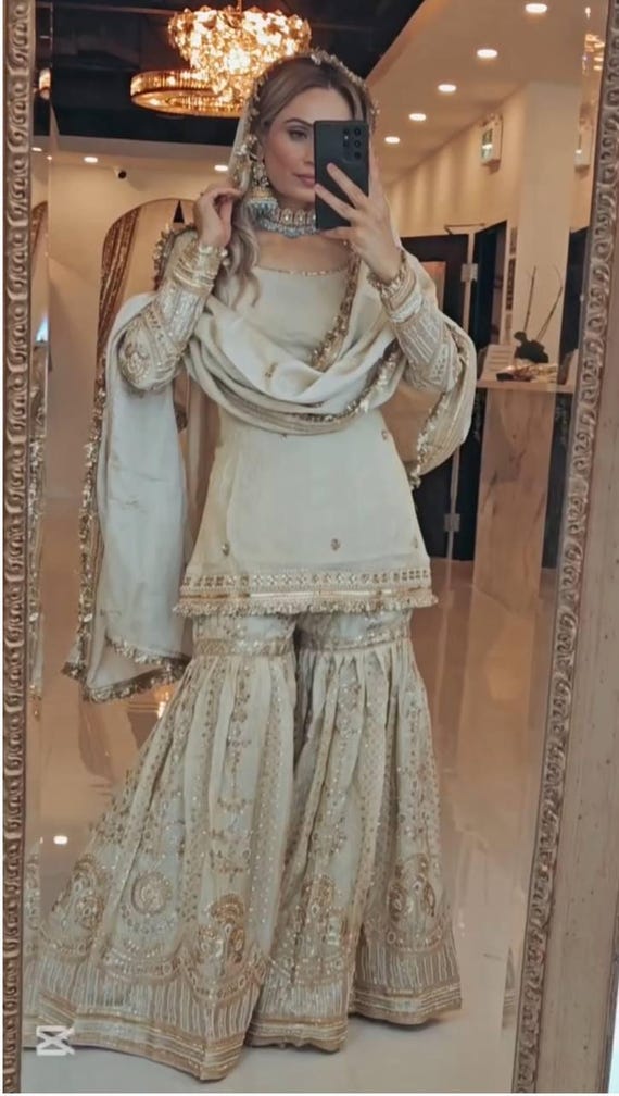 Bollywood Inspired Cream Sequin Embroidered Kurta Sharara Set Readymade Partywear 3 pc Indian Dresses