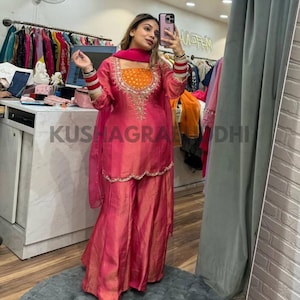 Beautiful Red Embroidered Shimmer Silk Kurta Palazzo set with Dupatta Indian Wedding Wear 3 pc Kurta sets Readymade