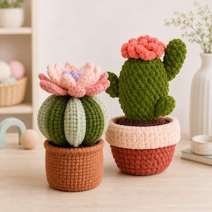 May include: Two crocheted cactus plants in pots. The left cactus is round with alternating dark and light green segments, topped with a large pink and purple flower. The right cactus is tall with a pink flower, sitting in a two-toned pot.