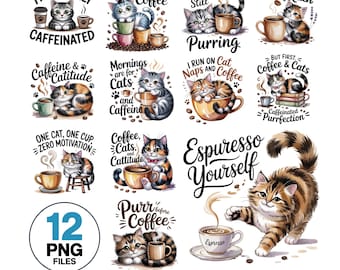Coffee Cat PNG Bundle: Funny Clipart for Sublimation (Digital Download)